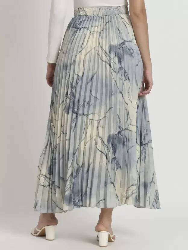 Stylish Grey-Blue Pleated A-Line Midi Skirt