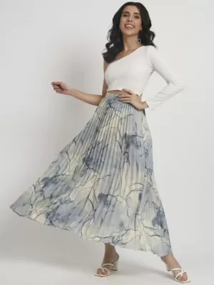Stylish Grey-Blue Pleated A-Line Midi Skirt
