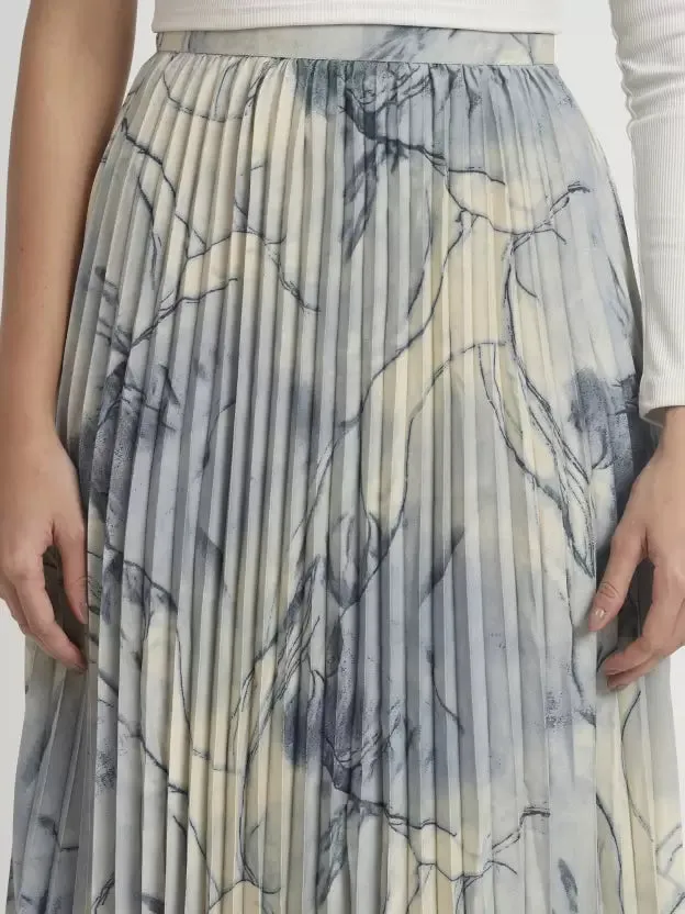 Stylish Grey-Blue Pleated A-Line Midi Skirt