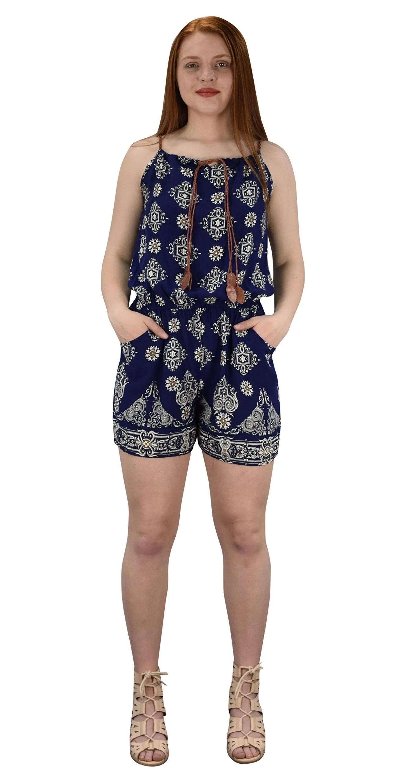 Summer Fashion Sleeveless Spaghetti Strap Damask Print Romper