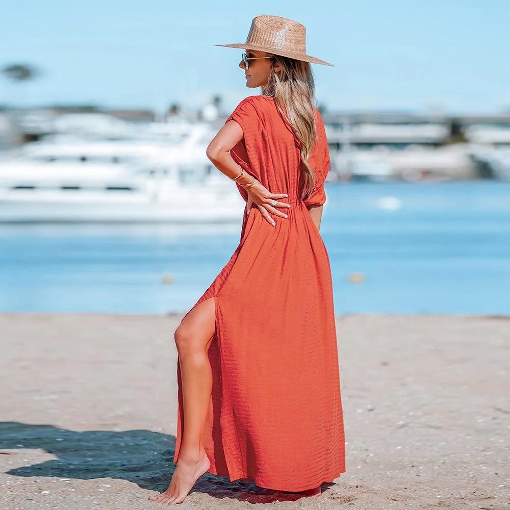 Surplice Ruched Elasticized Waist Short Sleeve A-line Maxi Sundress