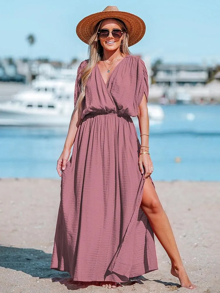 Surplice Ruched Elasticized Waist Short Sleeve A-line Maxi Sundress