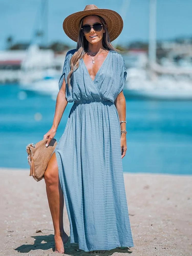 Surplice Ruched Elasticized Waist Short Sleeve A-line Maxi Sundress