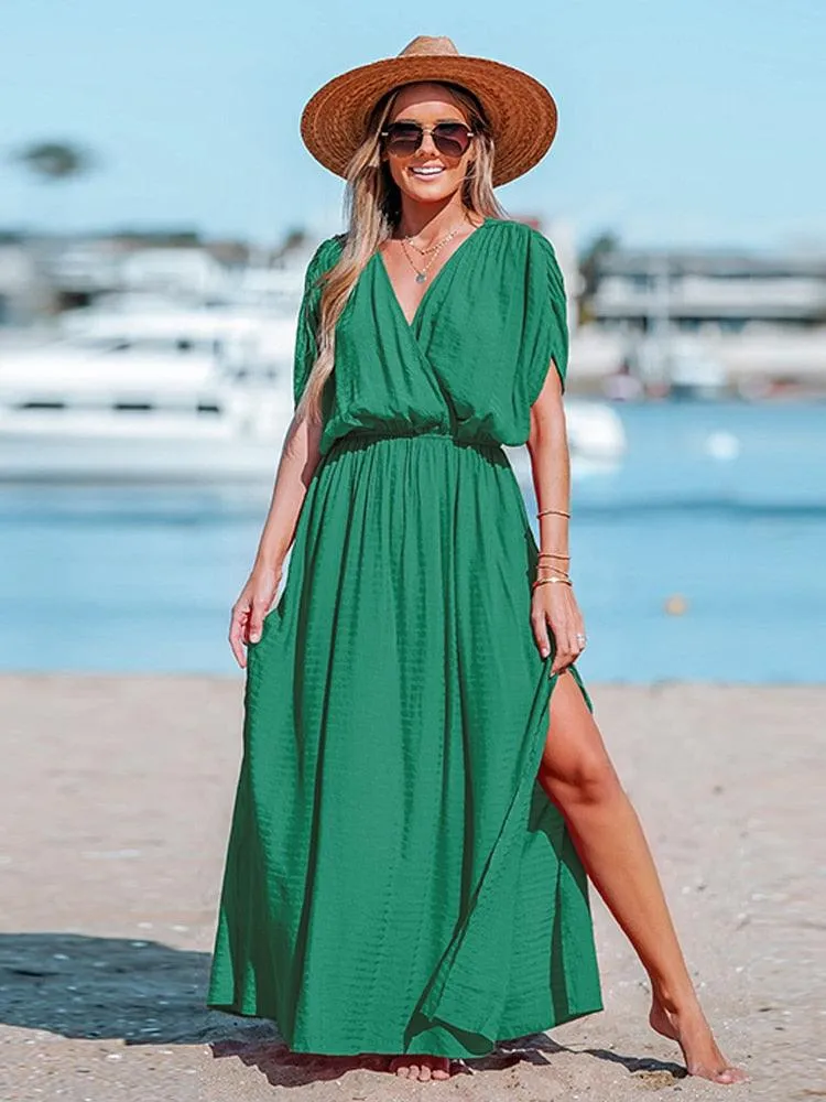 Surplice Ruched Elasticized Waist Short Sleeve A-line Maxi Sundress
