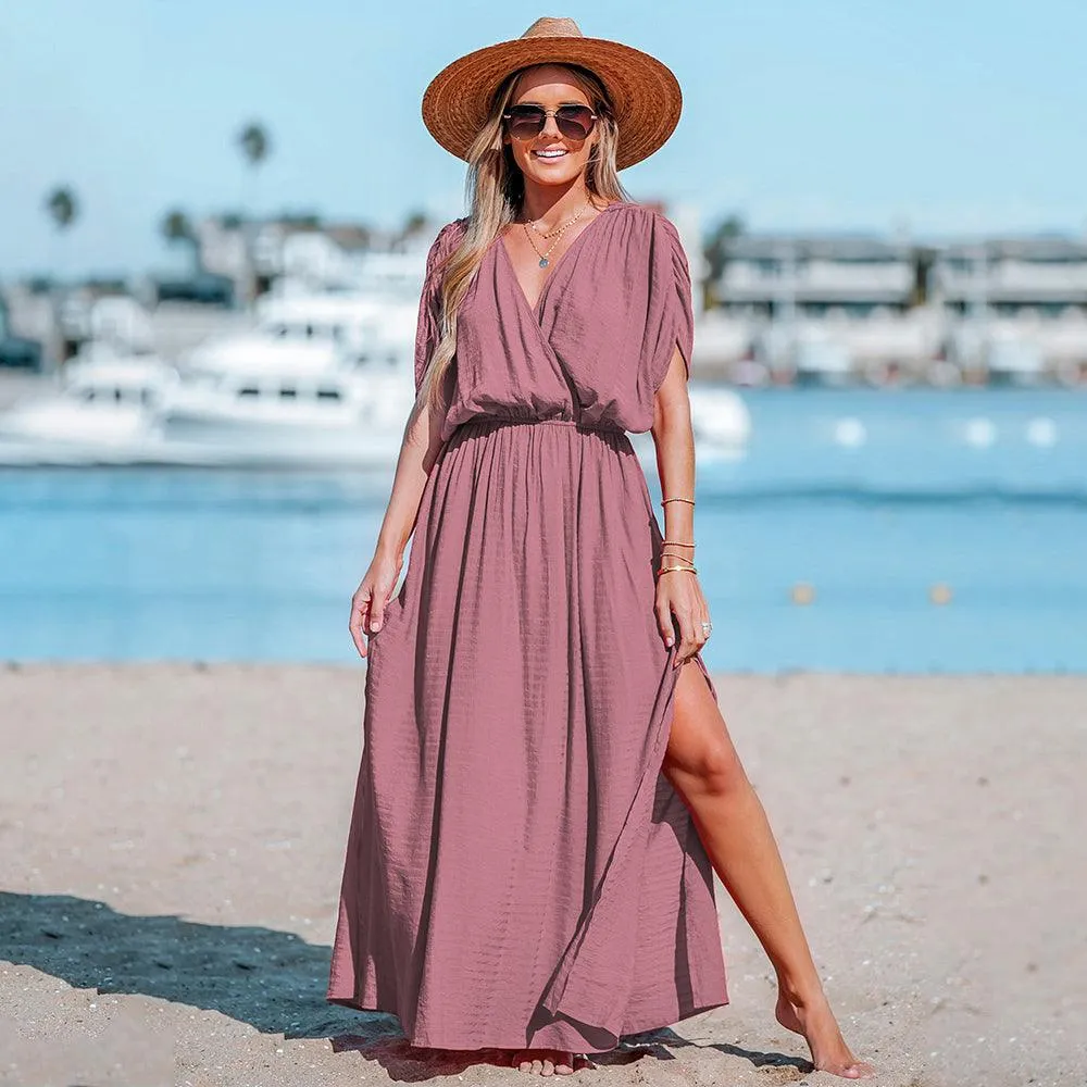 Surplice Ruched Elasticized Waist Short Sleeve A-line Maxi Sundress