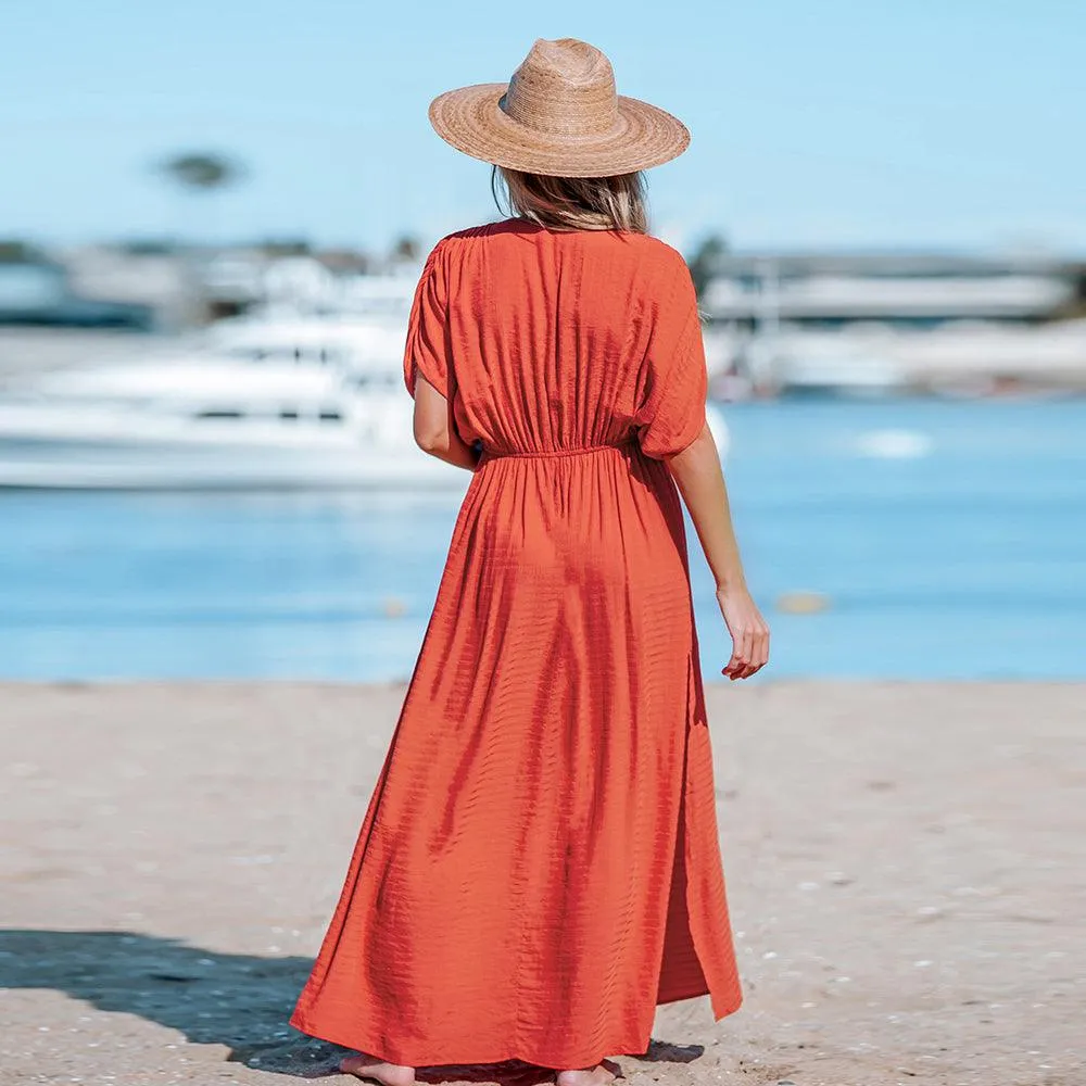 Surplice Ruched Elasticized Waist Short Sleeve A-line Maxi Sundress