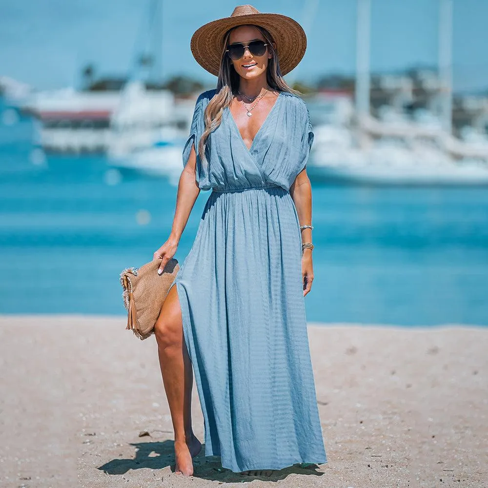 Surplice Ruched Elasticized Waist Short Sleeve A-line Maxi Sundress
