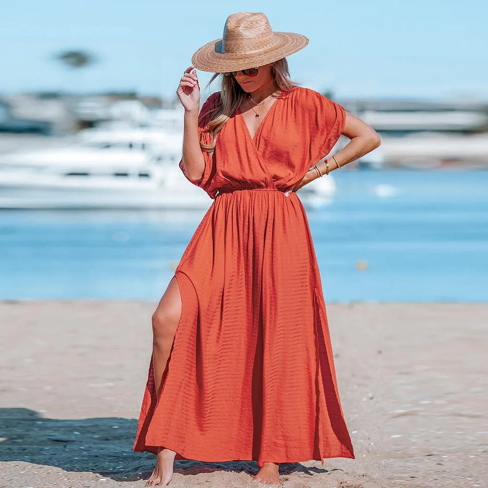 Surplice Ruched Elasticized Waist Short Sleeve A-line Maxi Sundress