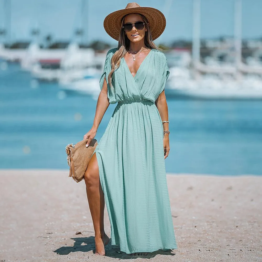 Surplice Ruched Elasticized Waist Short Sleeve A-line Maxi Sundress