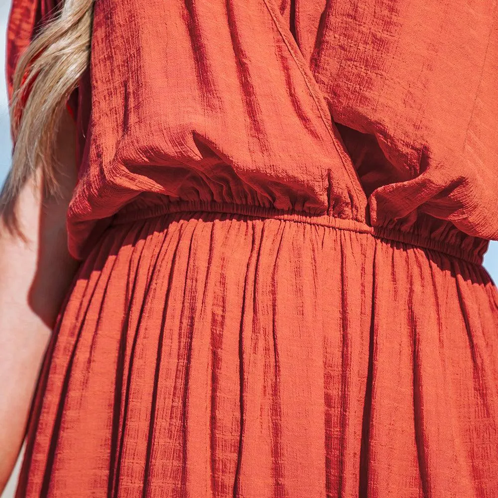 Surplice Ruched Elasticized Waist Short Sleeve A-line Maxi Sundress