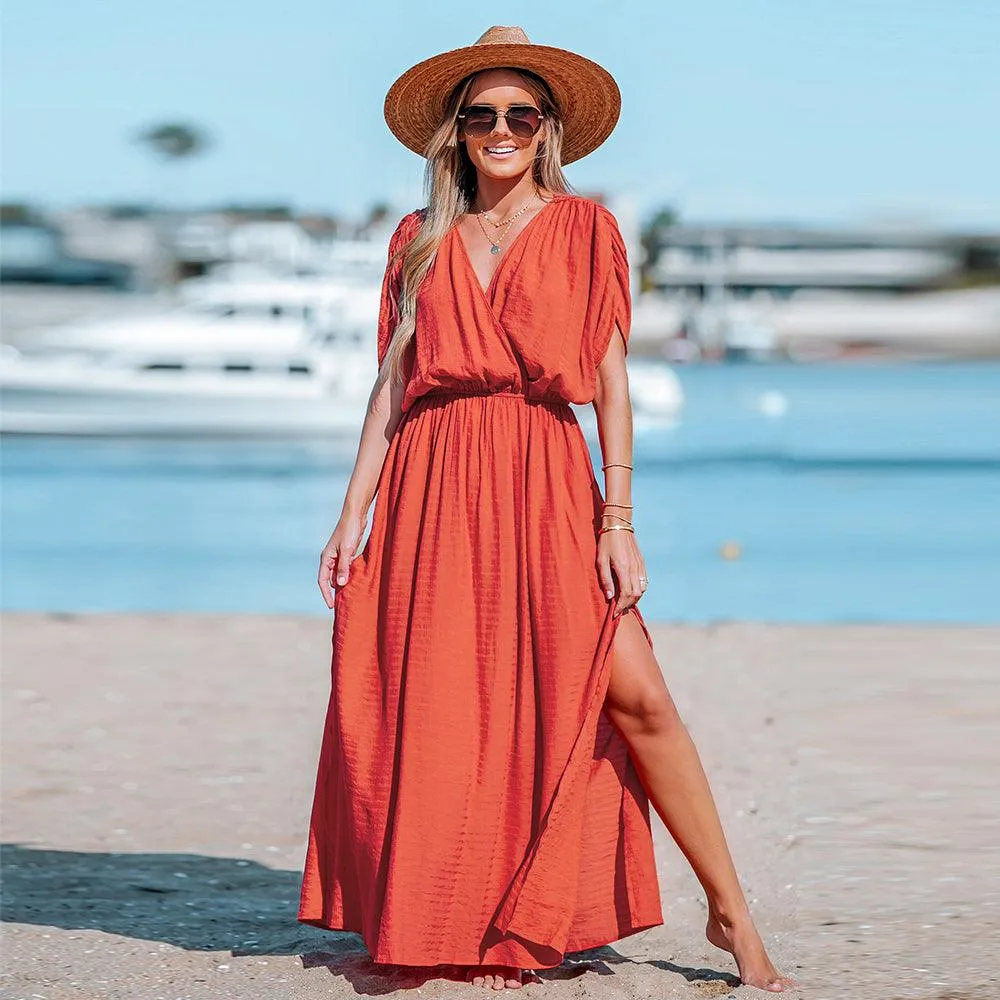 Surplice Ruched Elasticized Waist Short Sleeve A-line Maxi Sundress