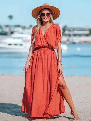 Surplice Ruched Elasticized Waist Short Sleeve A-line Maxi Sundress