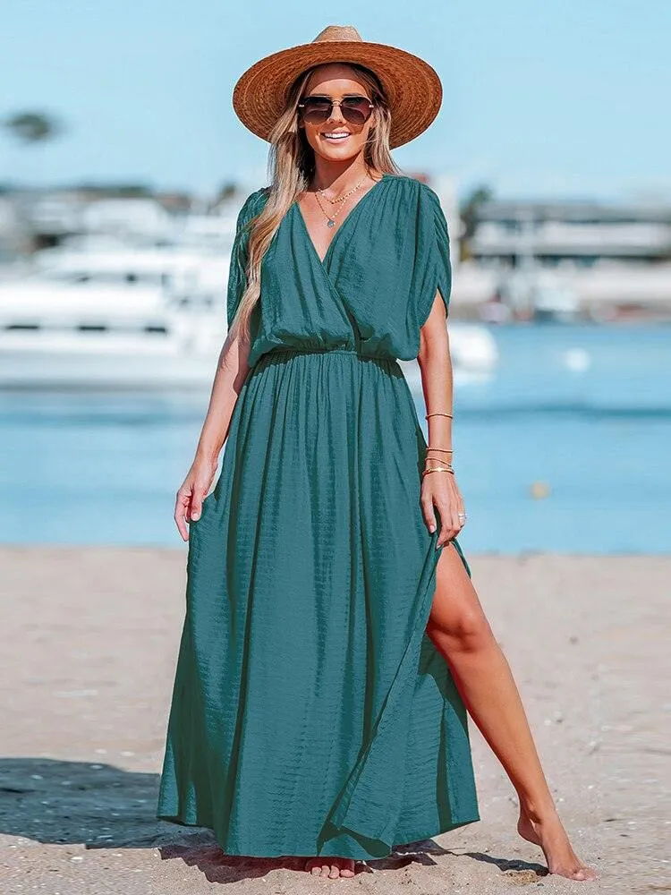 Surplice Ruched Elasticized Waist Short Sleeve A-line Maxi Sundress