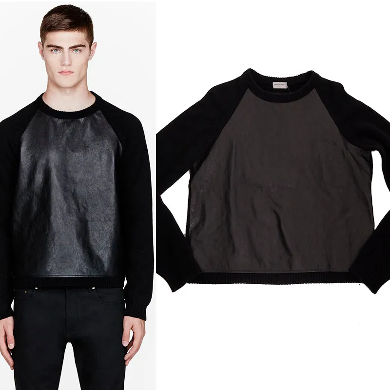 sz M NEW $1,790 SAINT LAURENT Men's Black LEATHER & Wool Cashmere Knit SWEATER