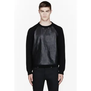 sz M NEW $1,790 SAINT LAURENT Men's Black LEATHER & Wool Cashmere Knit SWEATER