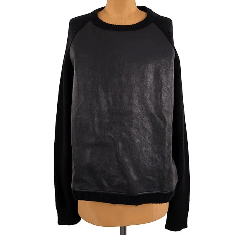 sz M NEW $1,790 SAINT LAURENT Men's Black LEATHER & Wool Cashmere Knit SWEATER