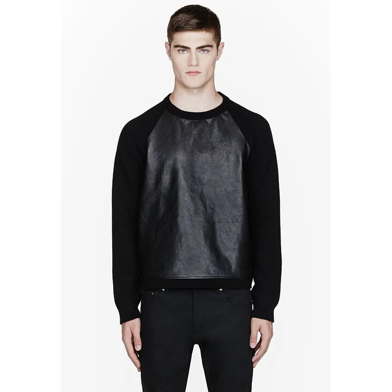 sz M NEW $1,790 SAINT LAURENT Men's Black LEATHER & Wool Cashmere Knit SWEATER