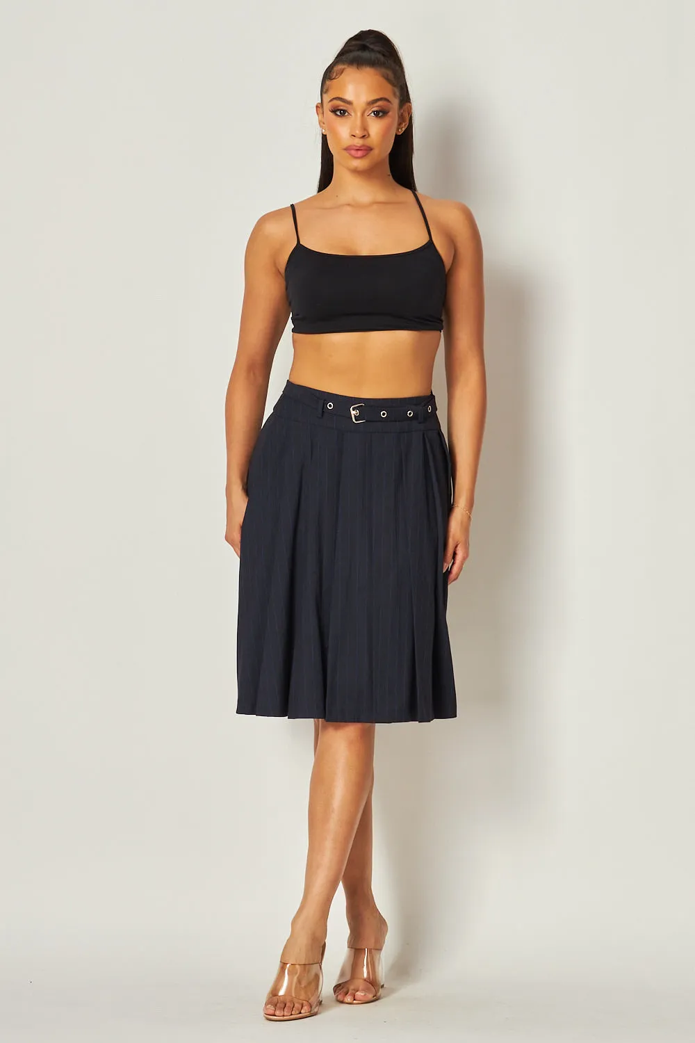 Tabitha Knee Length Flared Pleated Belt Skirt