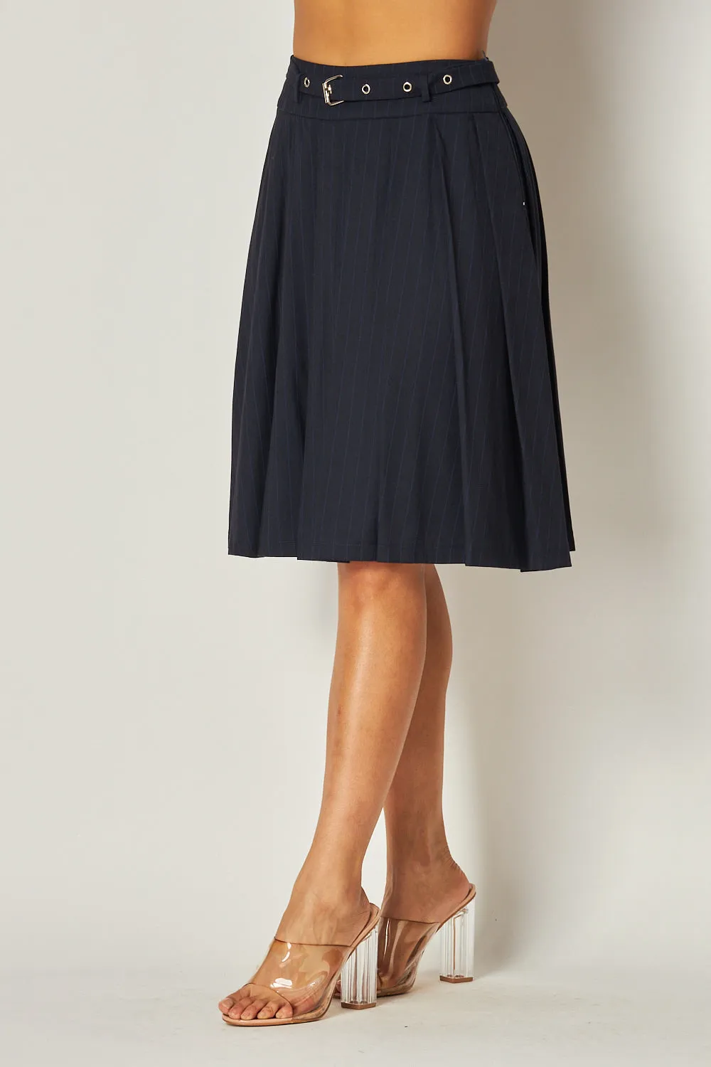 Tabitha Knee Length Flared Pleated Belt Skirt