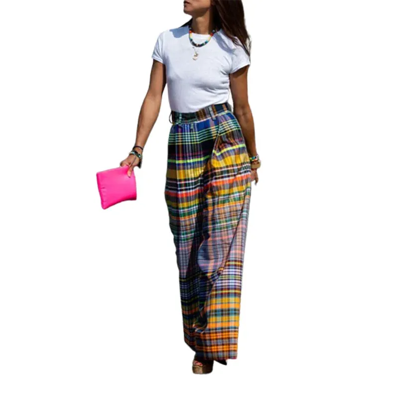 TAVIMART  -  Stylish Checkerboard Printed Wide Leg Pants New Summer High Waist Zipper Casual Office Trousers For Women