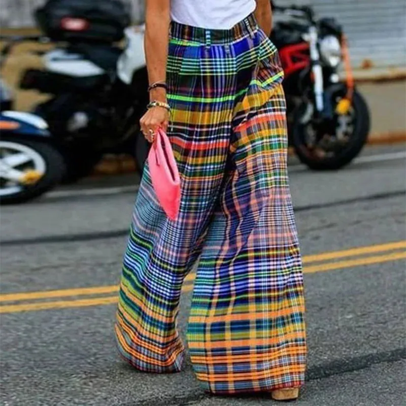 TAVIMART  -  Stylish Checkerboard Printed Wide Leg Pants New Summer High Waist Zipper Casual Office Trousers For Women