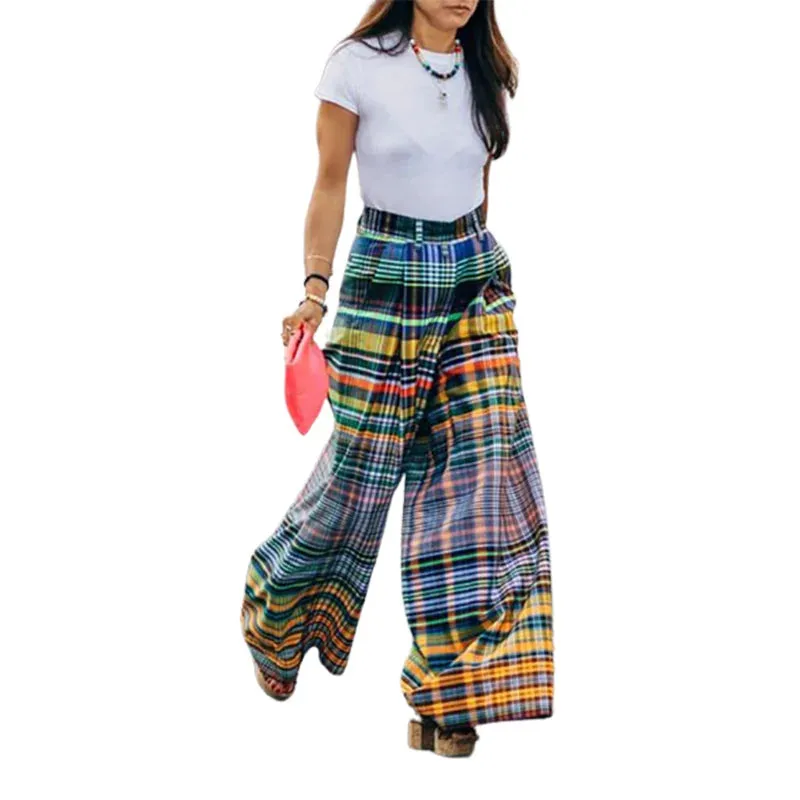 TAVIMART  -  Stylish Checkerboard Printed Wide Leg Pants New Summer High Waist Zipper Casual Office Trousers For Women