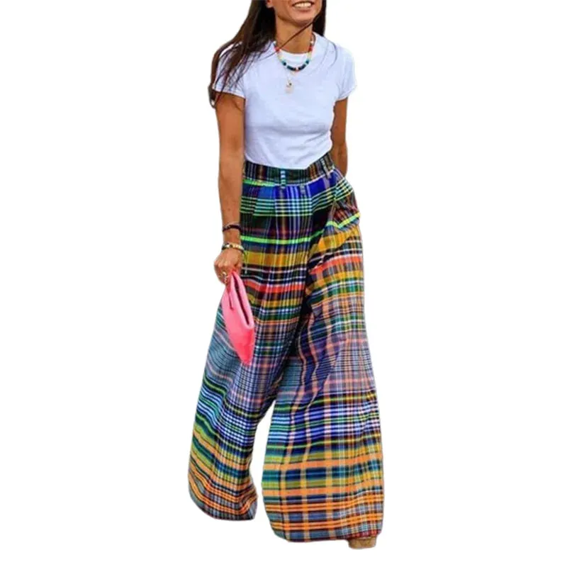 TAVIMART  -  Stylish Checkerboard Printed Wide Leg Pants New Summer High Waist Zipper Casual Office Trousers For Women