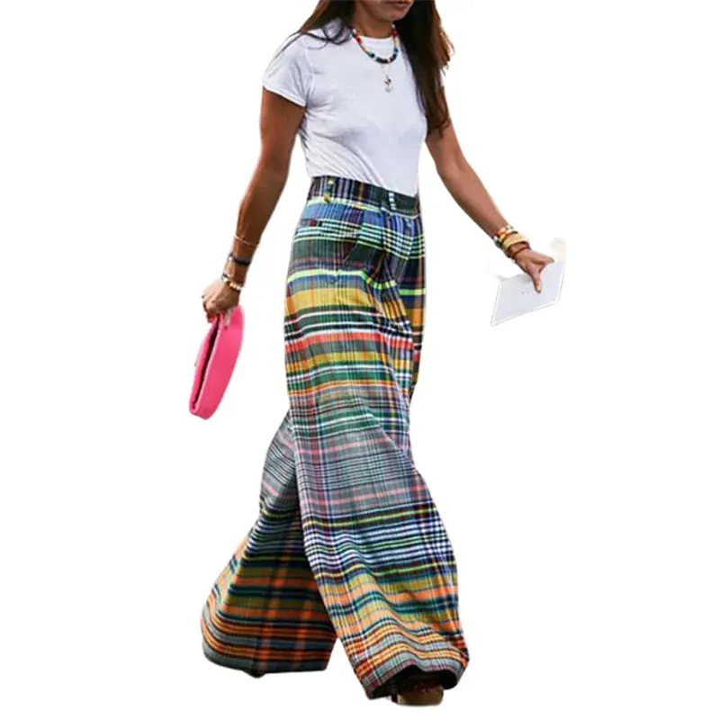 TAVIMART  -  Stylish Checkerboard Printed Wide Leg Pants New Summer High Waist Zipper Casual Office Trousers For Women