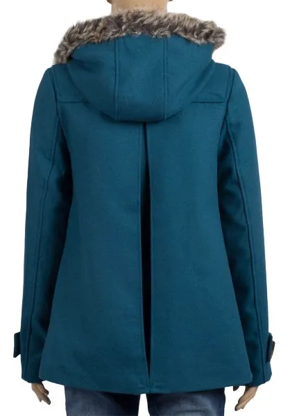 Teal Faux Fur Trim Hooded Duffle Coat