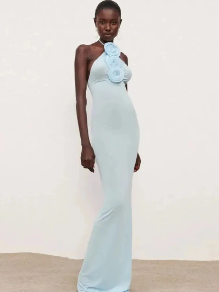 Trend4us Halter 3D Flower Applique Backless Bodycon Gown