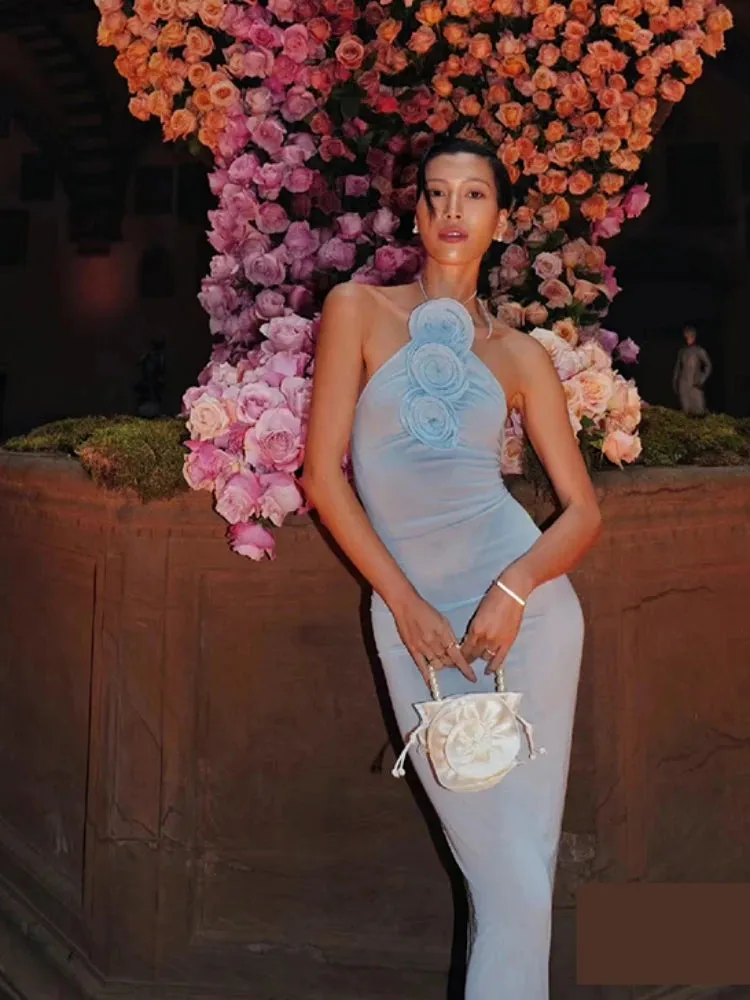 Trend4us Halter 3D Flower Applique Backless Bodycon Gown