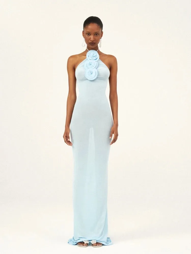 Trend4us Halter 3D Flower Applique Backless Bodycon Gown