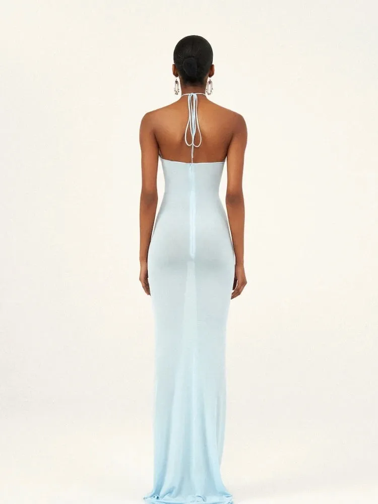 Trend4us Halter 3D Flower Applique Backless Bodycon Gown