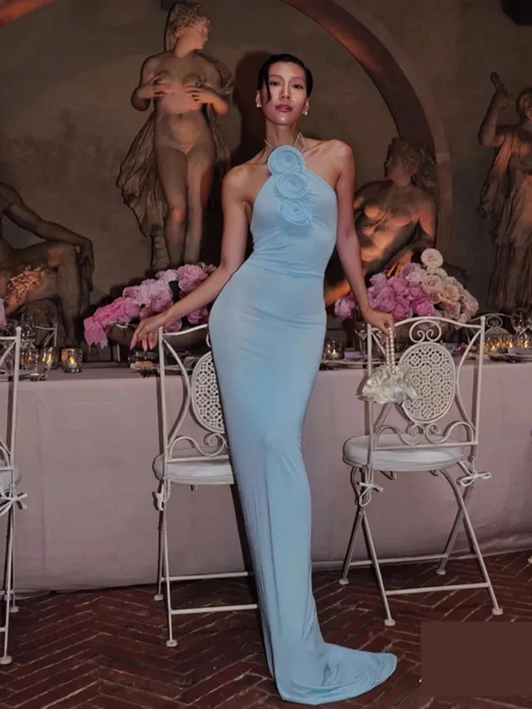 Trend4us Halter 3D Flower Applique Backless Bodycon Gown
