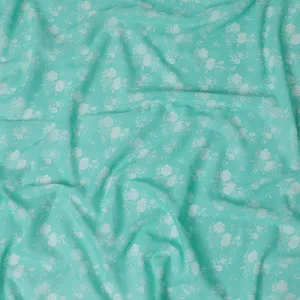 Turquoise green cotton voile fabric with beige print in floral design-D15159