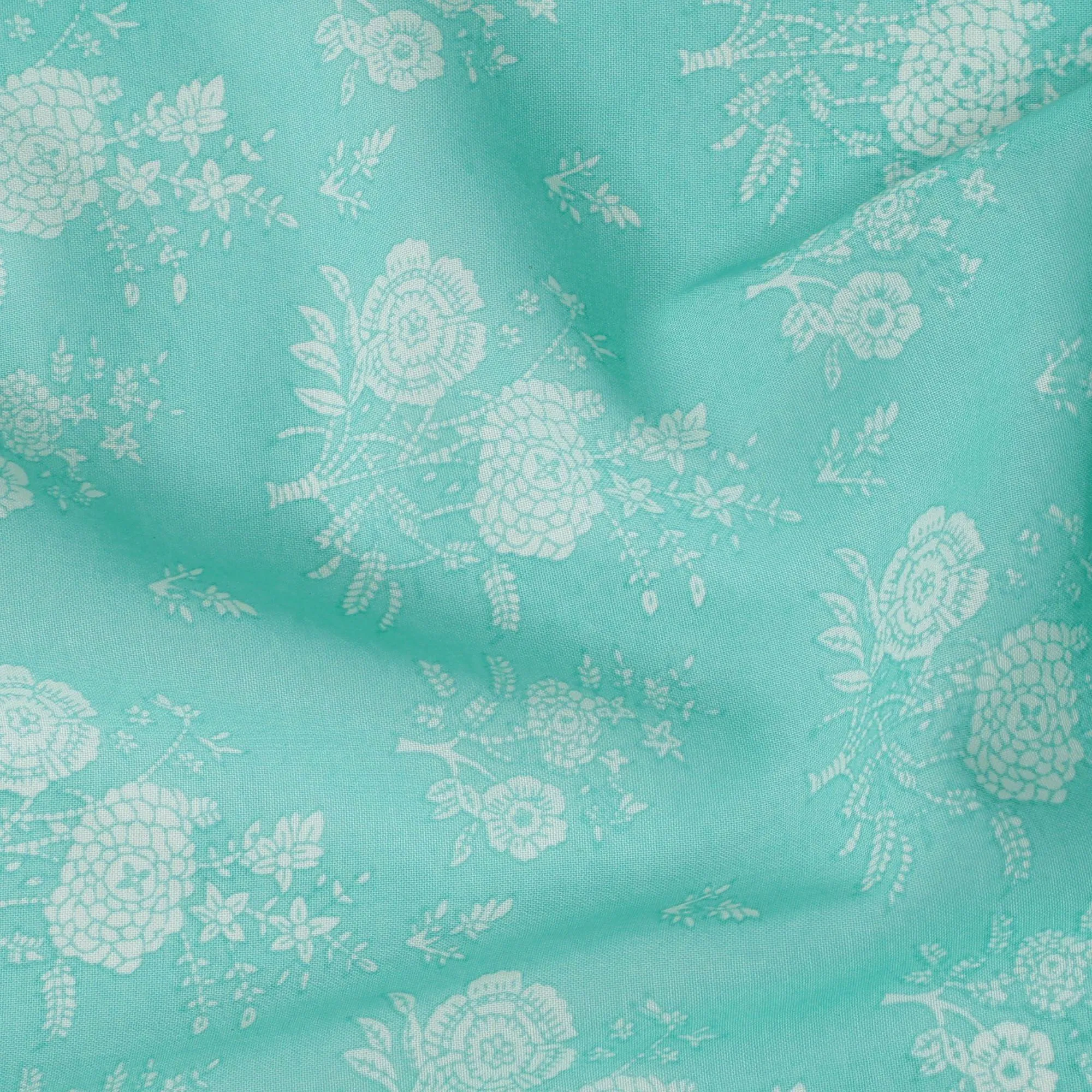 Turquoise green cotton voile fabric with beige print in floral design-D15159