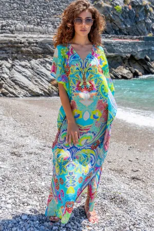 Turquoise Silk Designer Maxi Beach Cover-up