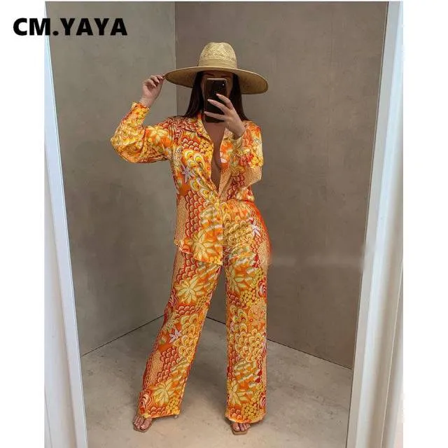 Two Piece Set Outfits Button Up Blouse Shirt Tops and Pants Elegant Tracksuit