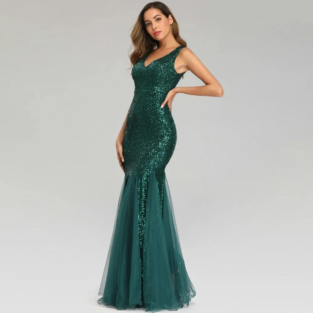 Uniwim聽Plus Size V Neck Mermaid Dress With Shawl Long Formal Prom Party Gown Sequins Sleeveless Robe De Soriee Sexy Evening Vestido De