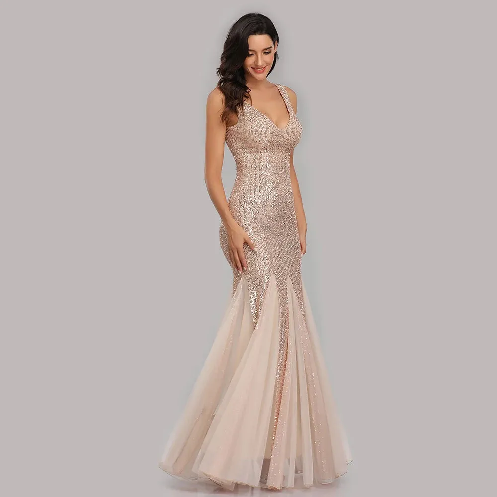 Uniwim聽Plus Size V Neck Mermaid Dress With Shawl Long Formal Prom Party Gown Sequins Sleeveless Robe De Soriee Sexy Evening Vestido De