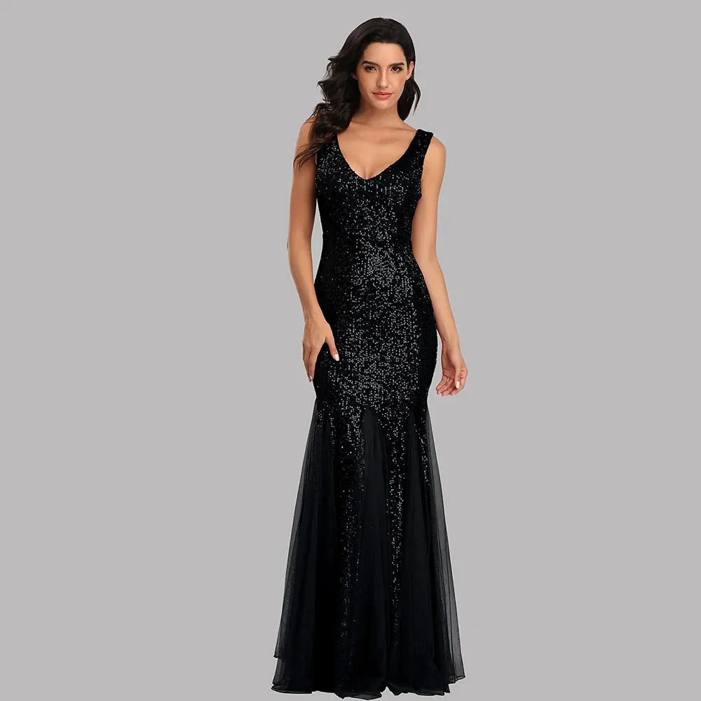 Uniwim聽Plus Size V Neck Mermaid Dress With Shawl Long Formal Prom Party Gown Sequins Sleeveless Robe De Soriee Sexy Evening Vestido De