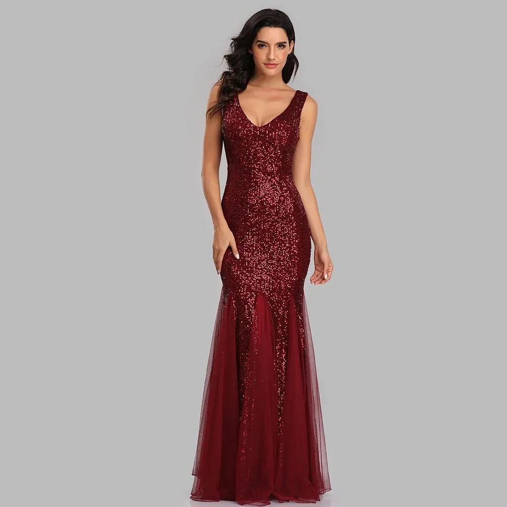 Uniwim聽Plus Size V Neck Mermaid Dress With Shawl Long Formal Prom Party Gown Sequins Sleeveless Robe De Soriee Sexy Evening Vestido De