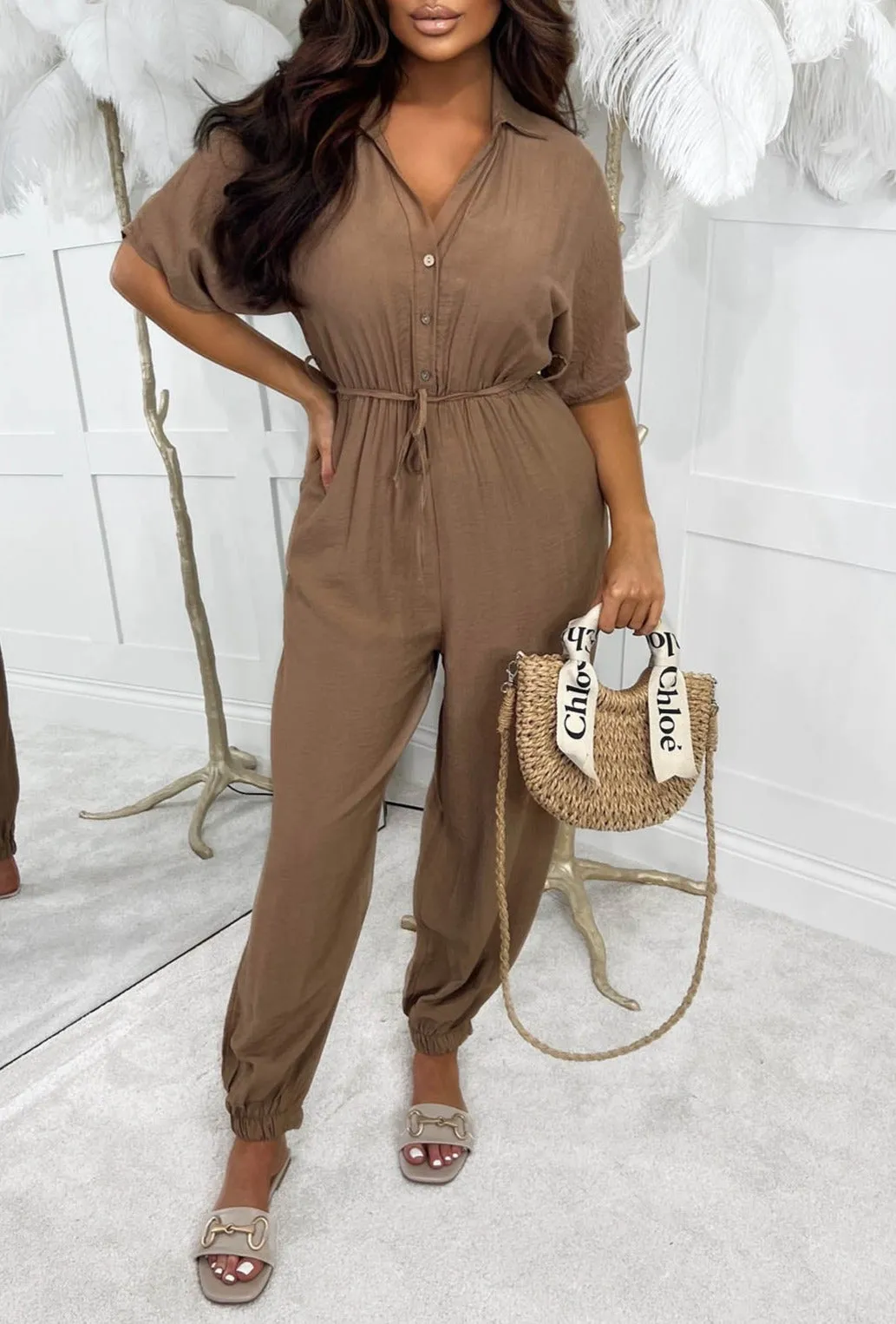 Urban Attire Brown Button Front Hareem Belted Jumpsuit