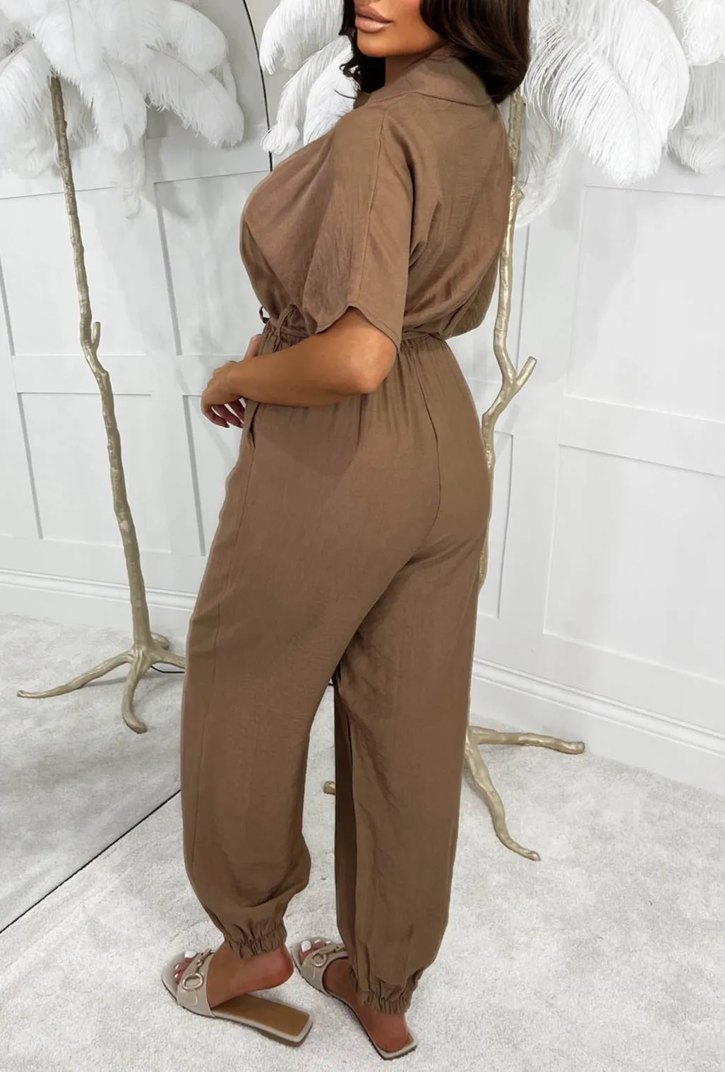 Urban Attire Brown Button Front Hareem Belted Jumpsuit