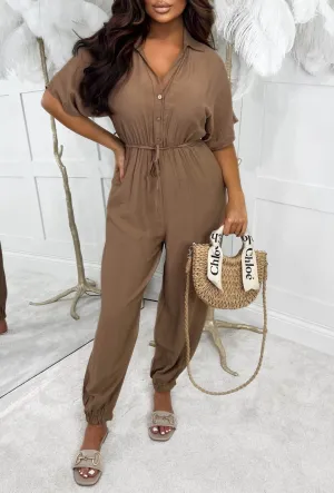 Urban Attire Brown Button Front Hareem Belted Jumpsuit