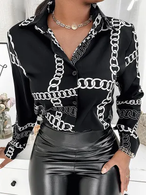 Urban Long Sleeves Loose Printed Lapel Collar Blouses&Shirts Tops