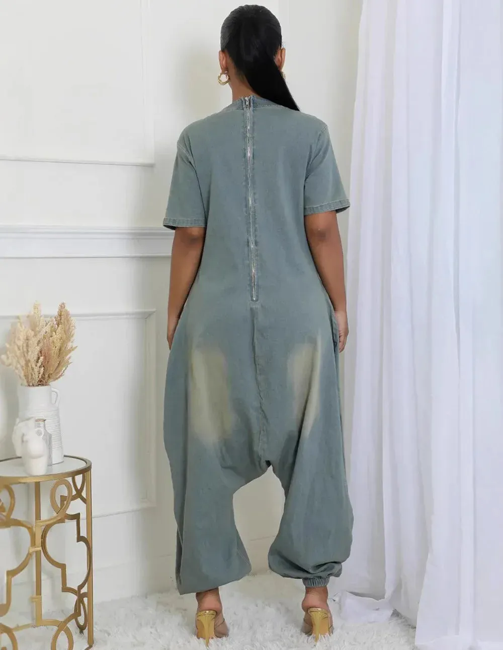 Veylo Short Sleeve Jeans Loose Washed Denim One Piece Oufit Pockets Cargo Rompers