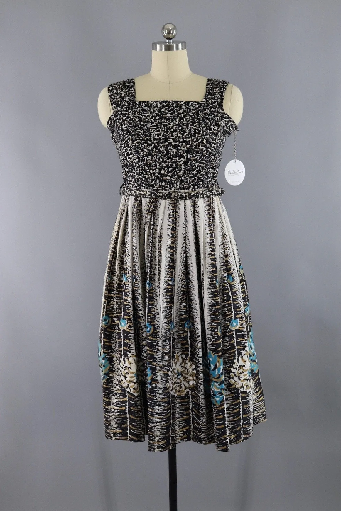 Vintage 1950s Cotton Sundress Black and Aqua Chrysanthemums