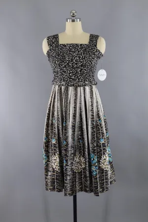 Vintage 1950s Cotton Sundress Black and Aqua Chrysanthemums