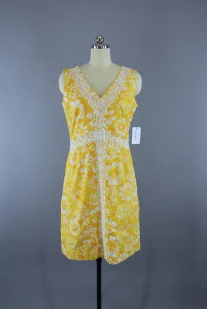 Vintage 1960s Shift Day Dress / Preppy Yellow Floral  Print